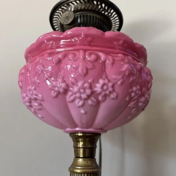 Antique Victorian Pink Cranberry Milk Glass Oil Lantern Electric Parlor Lamp - Picture 3 of 14